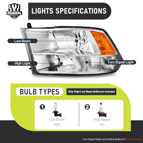 Headlights for 2009-2018 Dodge Ram 1500, for 2010-2018 Dodge Ram 2500 3500 with High/Low beam Bulbs, Driver & Passenger Side(ONLY fit Quad-Hole Single Headlight) - Image 4