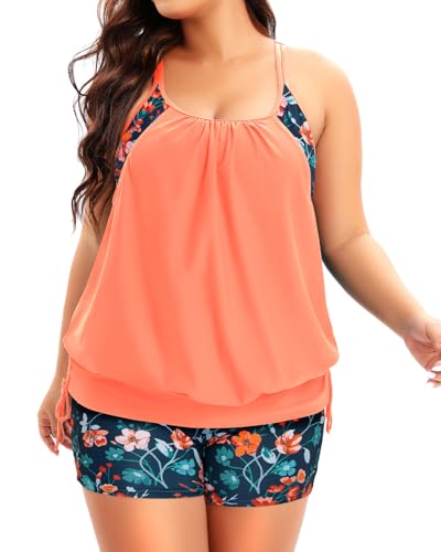 Image of Holipick Plus Size Tankini Swimsuits for Women Two Piece Tummy Control Bathing Suit Blouson Tankini Top with Shorts