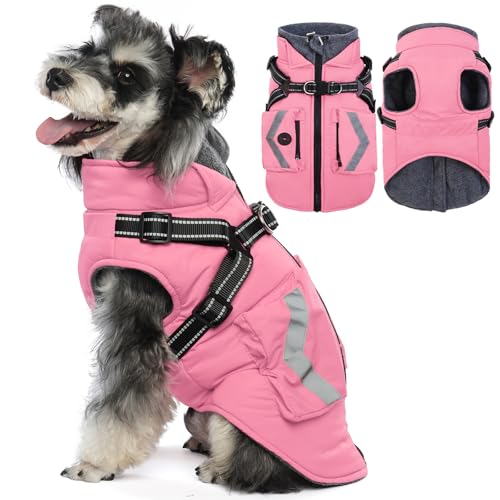 FUAMEY Dog Winter Coat Reflective Strips, Cozy Dogs Jacket with Harness Back Zipper, Fleece Lined Puppy Vest Thermal Clothes, Dog Cover for Cold Weather Snow Outfits, Beagle (Violet, M)