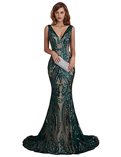 Women's Sequin V neck Mermaid Prom dress Sleeveless pageant Trumpet Evening dress Celebrity Gowns