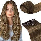 LaaVoo Clip in Extensions Echthaar Balayage Braun Echthaar Extensions Clip Hellbraun Ombre Dunkelgoldblond Clips in Extensions Glatt #6/8/14 35cm 105g 7Stück
