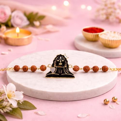 Image of JAIPUR ACE Shiv Rakhi for Brother with Rudraksha Beads | Premium Designer Raksha Bandhan Bracelet Rakhi | Mahadev Adiyogi Rakhi Thread for Men & Boys | Gold Finish (Adiyogi Rakhi)