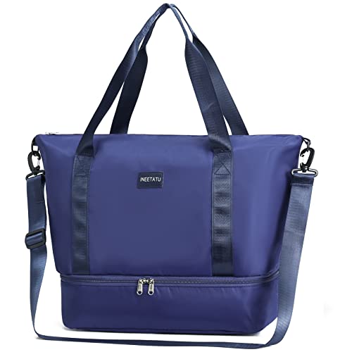 Ineetatu Travel Duffle Bag for Women, Weekender Overnight Bags with Shoe Compartment, Carry On Duffel Bag Sports Gym Tote Bags Blue