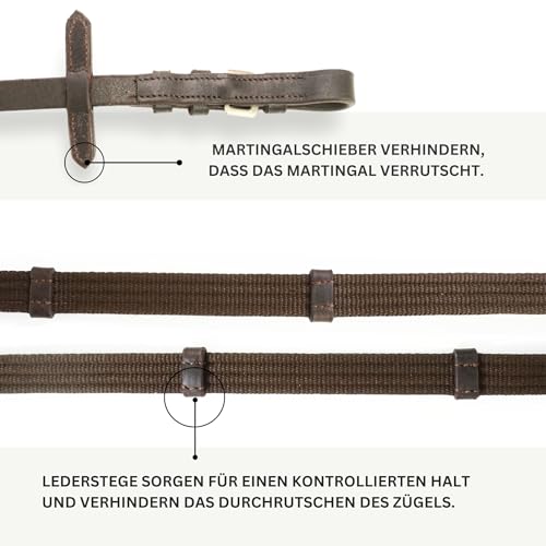 Pferdelinis Trensen Zügel Zügel für Pferde, langlebige Gurtzügel in Schwarz oder Braun, Breite 18mm, Länge 2,9m (Braun)