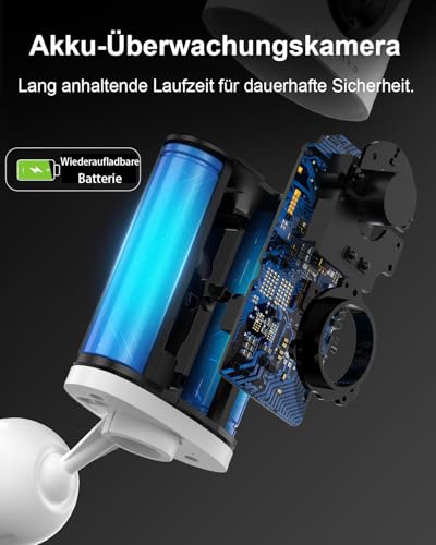 virtavo 2K Überwachungskamera Aussen Akku Kamera Überwachung Aussen WLAN Kabellos, WiFi Outdoor,außen/innen Farbnachtsicht, Funktioniert mit Alexa, PIR, 2-Wege Audio,Cloud/SD Storage 2.4Ghz