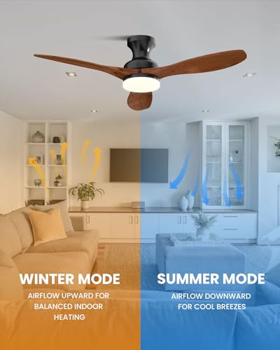 Leah-52-Solid-Wood-Ceiling-Fan-with-Light-Remote-Control-Flush-Mount-3-Blades-6-speed-Ceiling-Fan-Fixture-Low-Profile-for-Kitchen-Bedroom-Living-Room-Indoor-Walnut-Wood-Color-Black