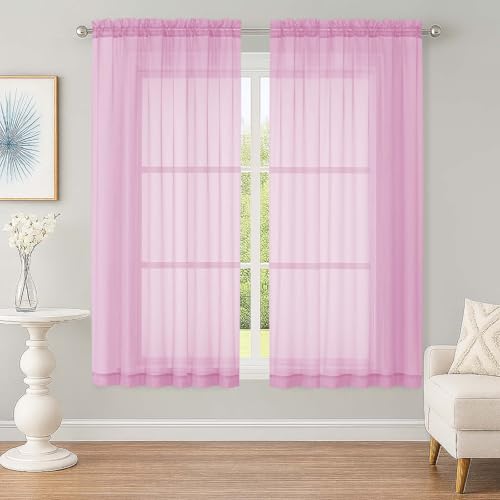 Image of OWENIE Sheer Pink Curtains, Sheer Curtains 63 inch Length 2 Panels Set, Rod Pocket Voile Fimly Sheer Drapes for Living Room Bedroom, 2pcs, Pink, Each 59 inch W x 63 inch L