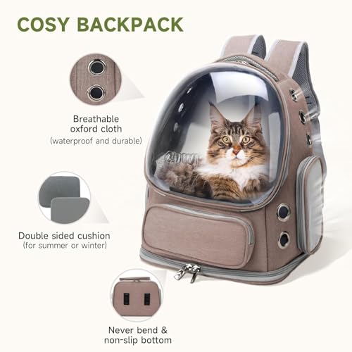 Image of Cat Backpack Carrier, Breathable Cat Carrier Pet Backpack for Kitty Small Dog Up to 15Lbs, Transparent & Foldable Pet Carrier for Travel Hiking (Khaki)