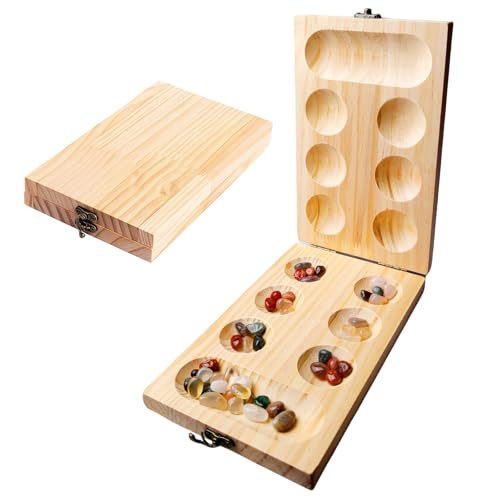 Mancala - Gioco da tavolo in legno naturale, con pietre colorate e sacchetto, gioco di strategia Kalaha, gioco di gemme per la promozione dell'intelligenza in famiglia, amici e bambini
