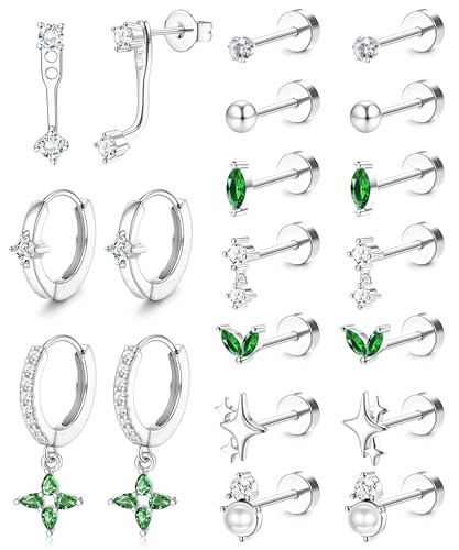 Jstyle Hypoallergenic Flat Back Earrings 14K Gold Cartilage Earrings for Women Trendy Surgical Steel Earring Stacks Small Flatback Stud Hoop Earring Sets for Multiple Piercing Silver