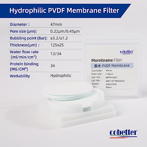 Image of PVDF Membrane Filters, 47mm, 0.45 m, Hydrophilic, 100PCS | Hydrophilic PVDF Membrane Disc Filters, Non-sterile, pH 1-8, For filtration /clarification of protein & biological solutions