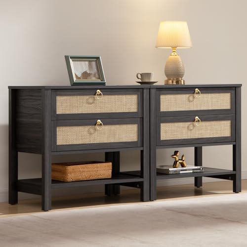 Image of SICOTAS Night Stands Set of 2 for Bedroom, Large Bedside Tables with Drawer & Open Shelf, Wide Boho Rattan Nightstand Set Narrow Side Table for Master Bedroom