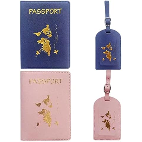 Cimown 4 Passport Holders & Luggage Tags - Passport Holder Travel Wallet - Passport Holder Suitcase Tag - Passport Wallet - 2 Luggage Tags + 2 Passport Holders (Dark Blue, Pink) Cover