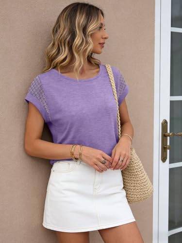 Image of Bliwov Womens Tops Lace Cap Sleeve T Shirts,Cute Trendy Casual,Beach Vacation Outfits,Summer Spring Fashion Clothes