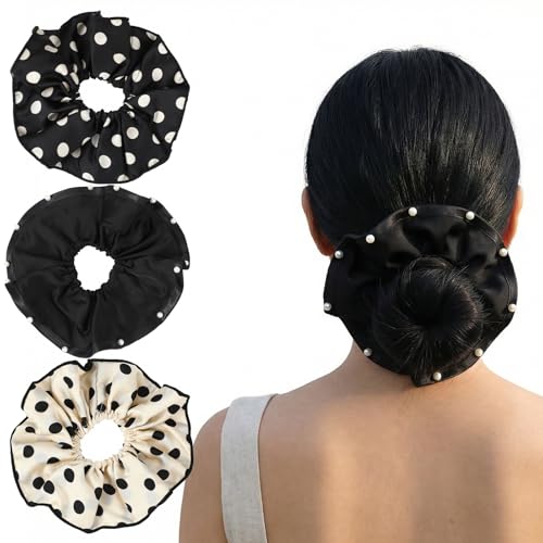Image of Jeffdad 3Pcs 7.9 Inches Big Large Satin Scrunchies, Polka Dot Vintage Chic Oversized Satin Scrunchies Soft&Smooth for Thick & Curly Hair