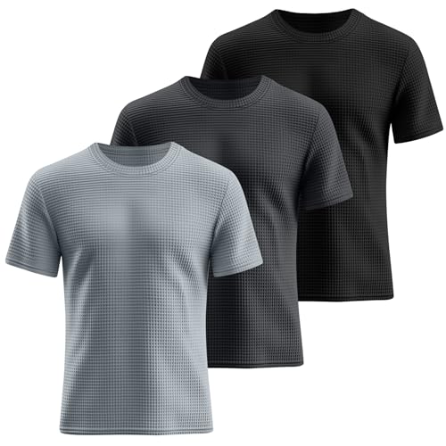 Riyiper 3 Pack Men's Big and Tall Waffle T Shirts, Short Sleeve Crew Neck Tops Casual Textured Knit Pullover Lightweight Tees3