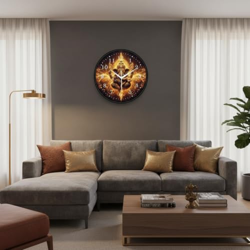 Image of Lord Ganesha Wall Clock for Living Room, Home Decor & Pooja Room | Golden Glowing Ganpati Bappa Analog Designer Wall Clock (Round, 12 Inch, Silent Sweep) | Spiritual Vastu Decorative Gift Item