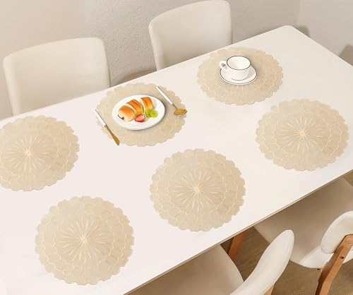 Image of Yellow Weaves 1 Pc PVC Round Table Placemat, Dining Table Mat, Stain Resistant, Anti-Skid, Waterproof, Washable, Dining, Kitchen, Restaurant Table Set Easy to Clean, Durable (Sunburst Golden)