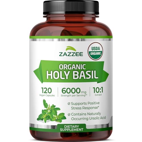 Zazzee USDA Organic Holy Basil 10:1 Extract 120 Vegan Capsules 4 Month Supply Tulsi Extract Ursolic Acid Ocimum Tenuiflorum Antioxidant & Stress Support All-Natural Non-GMO Made in the USA