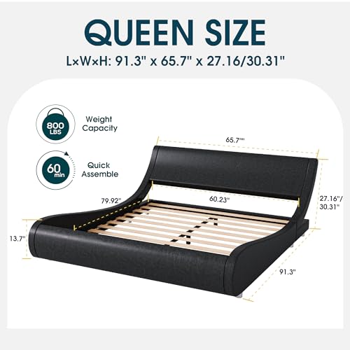 Weeway Modern Queen Size Upholstered Platform Bed Frame, Faux Leather Sleigh Bed With Adjustable Headboard thumb #1