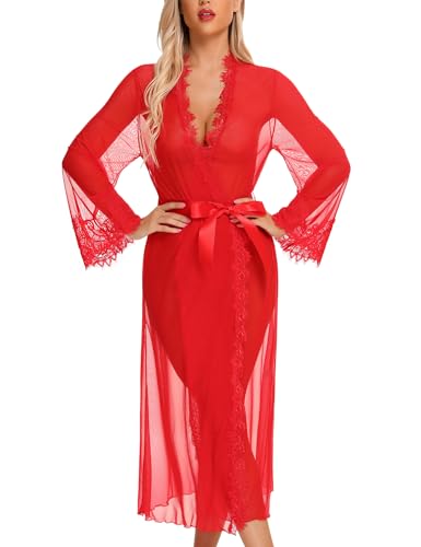 Image of RSLOVE Lingerie for Women Sexy Long Lace Kimono Robe Mesh Chemise Lace Gown Swimsuit Cover Up