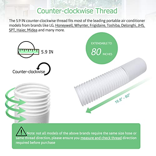 Air Conditioner Exhaust Vent Hose - 5.9\" Diameter, 80\" Length, Angooni Universal Counter-Clockwise Air Vent Compatible with Honeywell, Whynter, Frigidaire, LG, Delonghi Toshiba, Delonghi, JHS