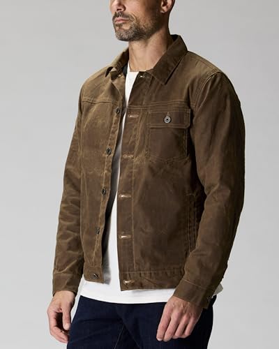 Image of Huckberry Flint and Tinder Men's Flannel-Lined Waxed Trucker Jacket, Water & Weather Resistant Mens Jacket