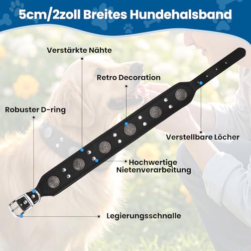Lederhalsband Hund, 5cm Hundehalsband Leder Breit, Einstellbar Hunde Halsbänder Mit Metallschnalle, Halsband Hund Breit Für Große Und Mittelgroße Hunderassen (Schwarz, L)