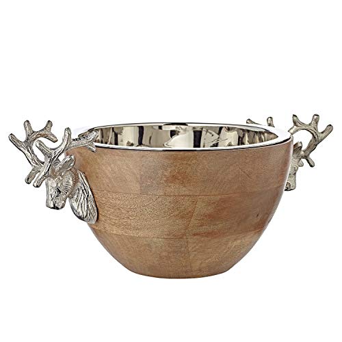 EDZARD Cuenco Ciervo, madera de mango con asas de ciervo, aluminio niquelado, largo 30 cm, ancho 20 cm, cuenco decorativo