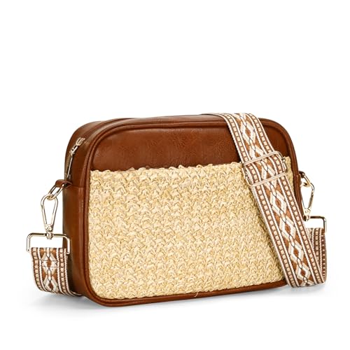 Herald Straw & Vegan Leather Crossbody Bags for Women, Summer Small Camera Shoulder Purse Handbags with Wide Strap