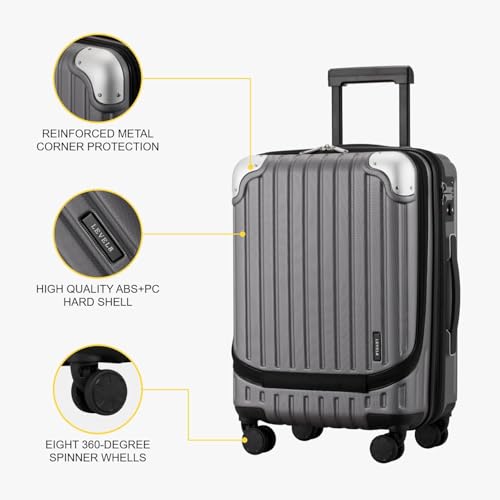 LEVEL8 Grace Carry on Luggage 22x14x9 Airline Approved, 20 Inch Hard Shell Suitcases with Spinner Wheels, Abs+Pc Hard Case Luggages with Tsa Lock, Travel bag for Women Men, Grey - Thumbnail 5