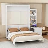 FAVSH Queen Size Murphy Bed Cabinet with Shelf and Hidden Table, Wood Hideaway Beds,Wall Bedframe for Bedroom,Space-Saving, Noise Free, White