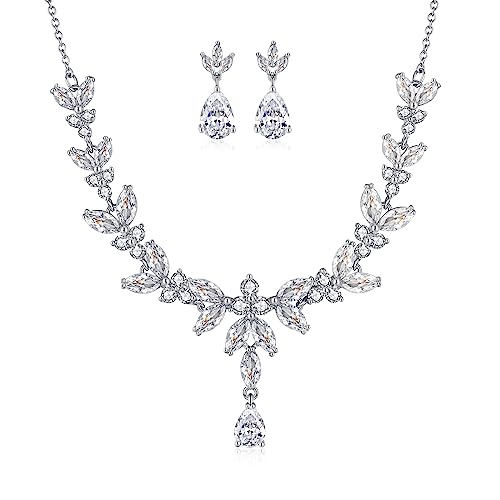 Collar de boda con perla y aretes de circonita cúbica juego de joyas