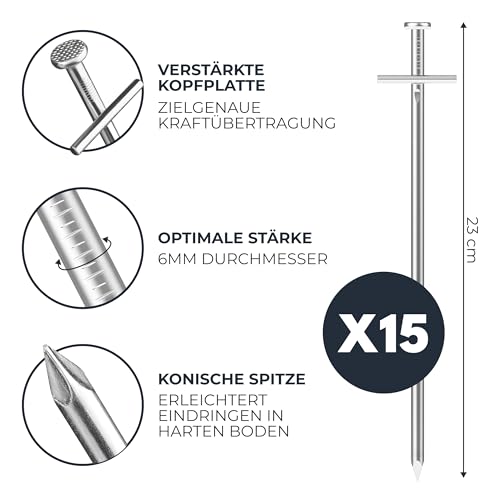 15x Zeltheringe 23cm - Innovativer Quergriff & Robuster Stahl | Outdoor & Camping Heringe Erdnägel stabil Felsbodenhering Stahlheringe Zelt Anker Zeltnägel Harter Boden Zeltheringe sturmsicher