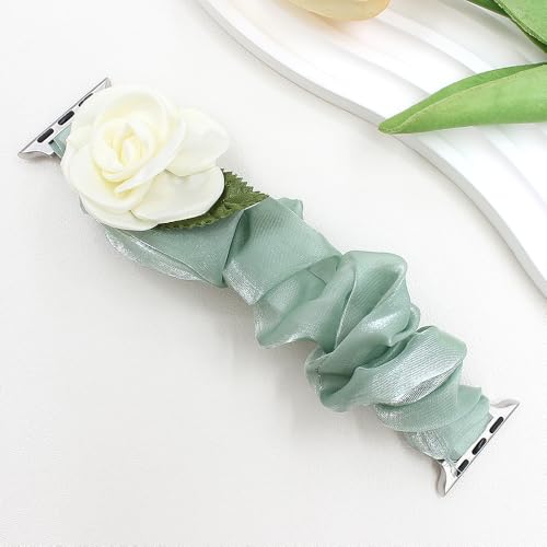 Stretchy Band Compatible with Apple Watch Bands 38-49mm Women,Elastic Fabric Scrunchy Bracelet Solo Loop Cloth Wristband Cute Flower Strap for iWatch Series 11 10 9 8 7 6 5 4 Ultra/SE 3 2 1 (Camellia/Green, 38mm) by YONWORTH - Used condition - Image 3