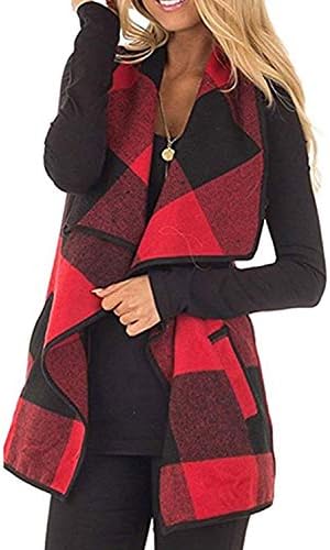 Womens Sleeveless Vest Plaid Hem Drape Open Front Cardigan