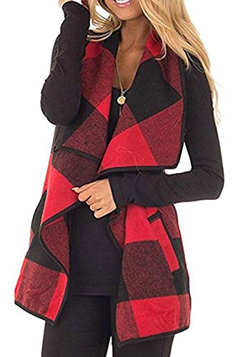 Womens Sleeveless Vest Plaid Hem Drape Open Front Cardigan (Red, Medium)