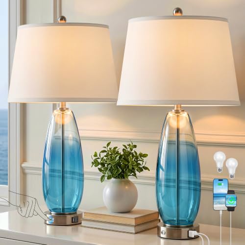 WIHTU 27'' Glass Table Lamps Set of 2, Modern Blue Lamp for Living Room