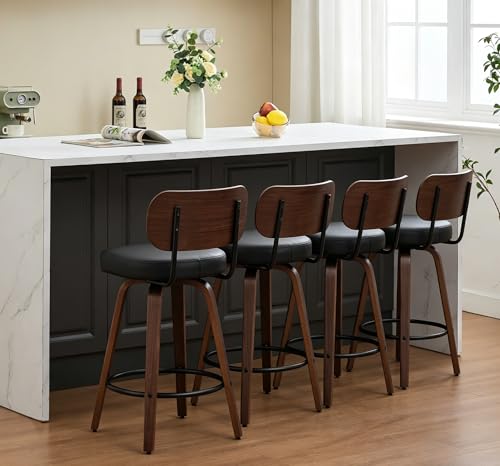 Image of YaFiti Swivel Bar Stools Set of 4, 26 inch Upholstered Faux Leather Counter Height Barstools with Walnut Back & Bentwood Legs, Mid Century Modern Bar Chairs Island Stools for Kitchen Counter, Black PU