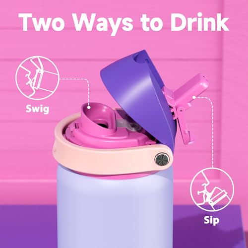 Image of 32 oz Insulated Water Bottle for Women: Meoky Stainless Steel Metal Water Bottle with 2-in-1 Straw and Spout Lid - Leak Proof, Cold for 24 Hours, Protective Silicone Base, BPA-Free for Sports, Orchid