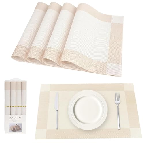 Washable Placemats Wear-Resistant and Heat-Resistant PVC Non-Slip Placemats for Kitchen, Home, Restaurant, Dining Table (4 Pieces, Creamy White)