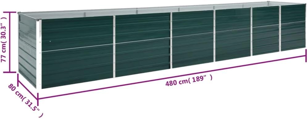 vidaXL Galvanised Steel Garden Raised Bed 480x77cm - Spacious Outdoor Planter Box for Vegetables/Flowers/Herbs, Weather-Resistant, Green