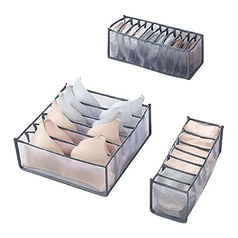 YURRUON Underwear Organizer, Underwear Storage Box With Compartments, Socks Bra Underpants Organizer foldable drawer organizer (6 Grids + 7 Grids + 11 Grids) (Grey) Cover