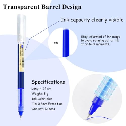 Image of like it 0.5mm Roller Pen Color ink Straight Liquid Rollerball Gel Pen for School Office Stationery Pack of 12 (Blue)