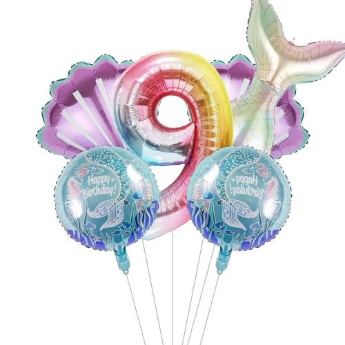 Image of Mermaid Birthday Decorations Mermaid Balloons - Number 9 Balloons for Girls Under The Sea Mermaid Theme Baby Shower Birthday Favors