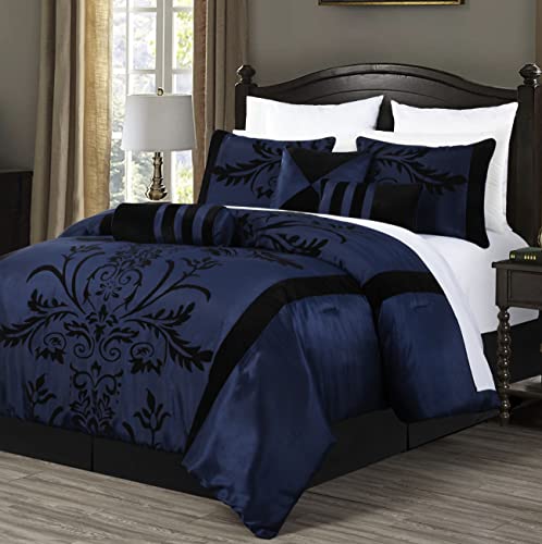 Chezmoi Collection Nobility 7-Piece Floral Comforter Set - Faux Silk Comforter Black Flocked Floral Velvet (Queen, Navy)