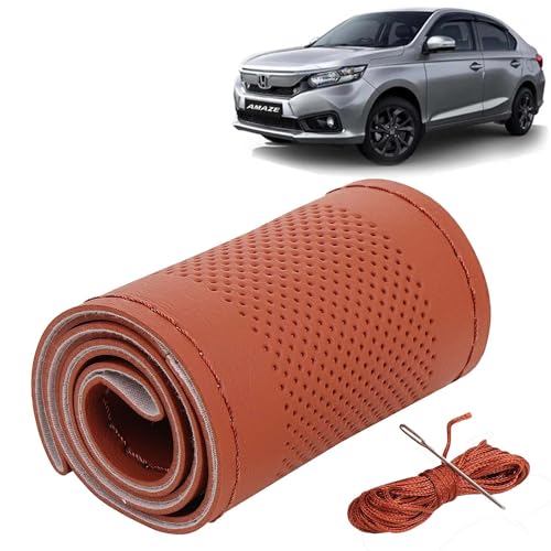 Image of KINGSWAY PU Leatherite Car Steering Cover Sewable Compatible with Honda Amaze (Year 2021-2022), Tan Color with Tan Thread, Pack of 1 with Sewing Needle and Thread