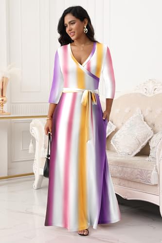 Image of FANDEE Plus Size Maxi Dress for Women Casual Summer Sundress V-Neck 3 /4 Sleeve