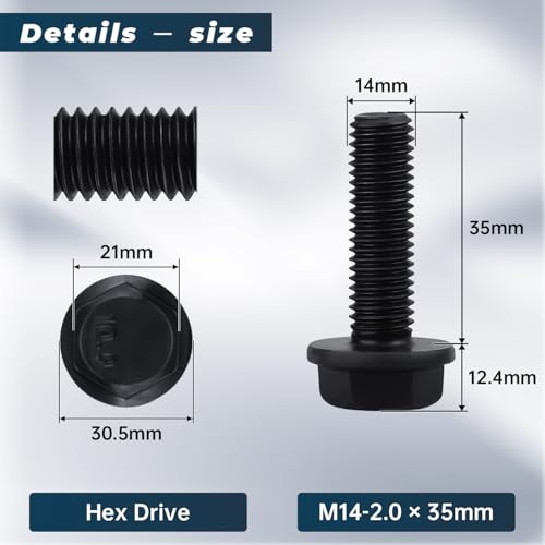 Image of M14-2.0 x 35mm Flange Bolt, Hex Head Flanged Bolt 10.9 Grade High Strength- Black Oxide Finish, Full Thread, Metric- Heavy Duty for Automotive, Machinery & Construction (6 Pcs) 6 pcs