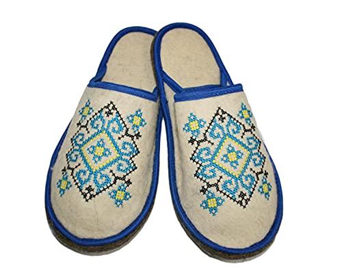 PetriStor 100% Natural Wool Felt Sauna Slippers Ukrainian Ornament Blue for Men - Sauna Banya Slippers Felt Bathhouse/Vaporarium - Made in Ukraine